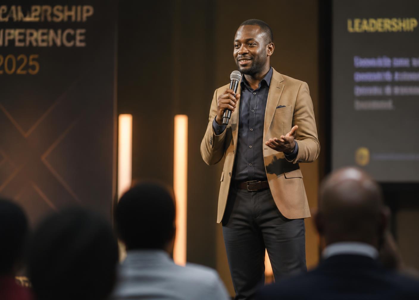 Ayorinde Alex delivering a keynote at a leadership conference